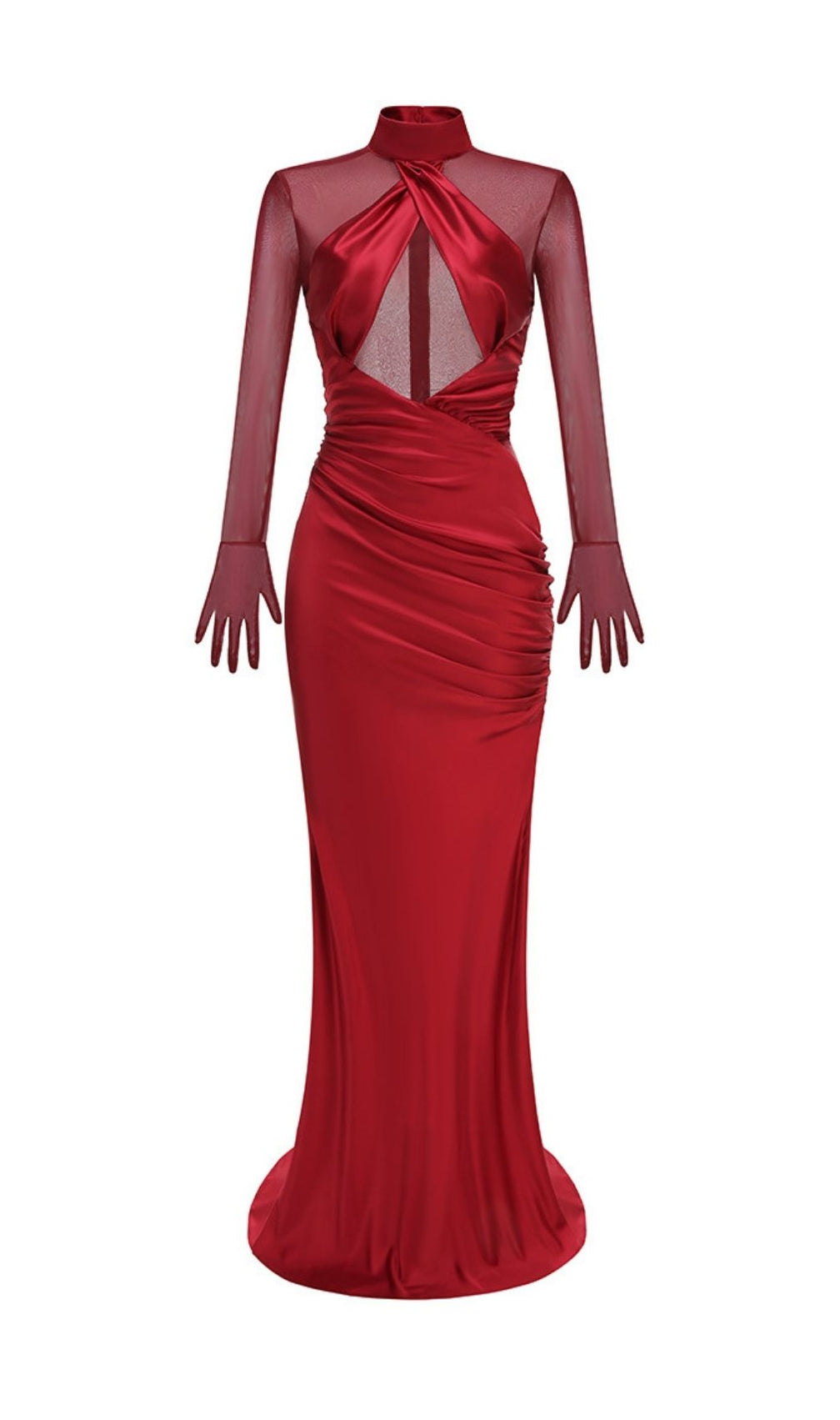 Khadiga Red Satin Long Sleeve Gown | Twist Front Cutout Evening Dress