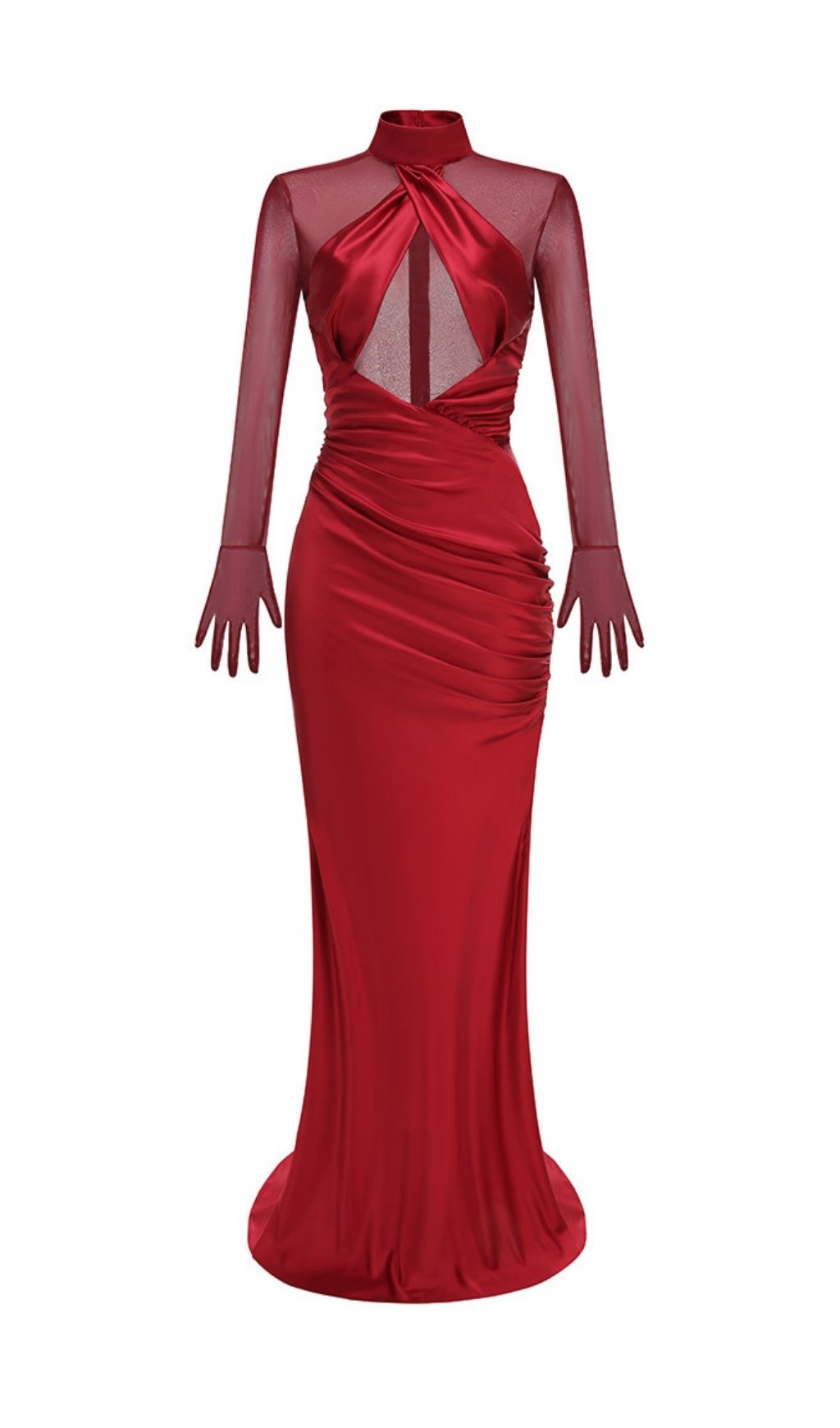 Khadiga Red Satin Long Sleeve Gown | Twist Front Cutout Evening Dress