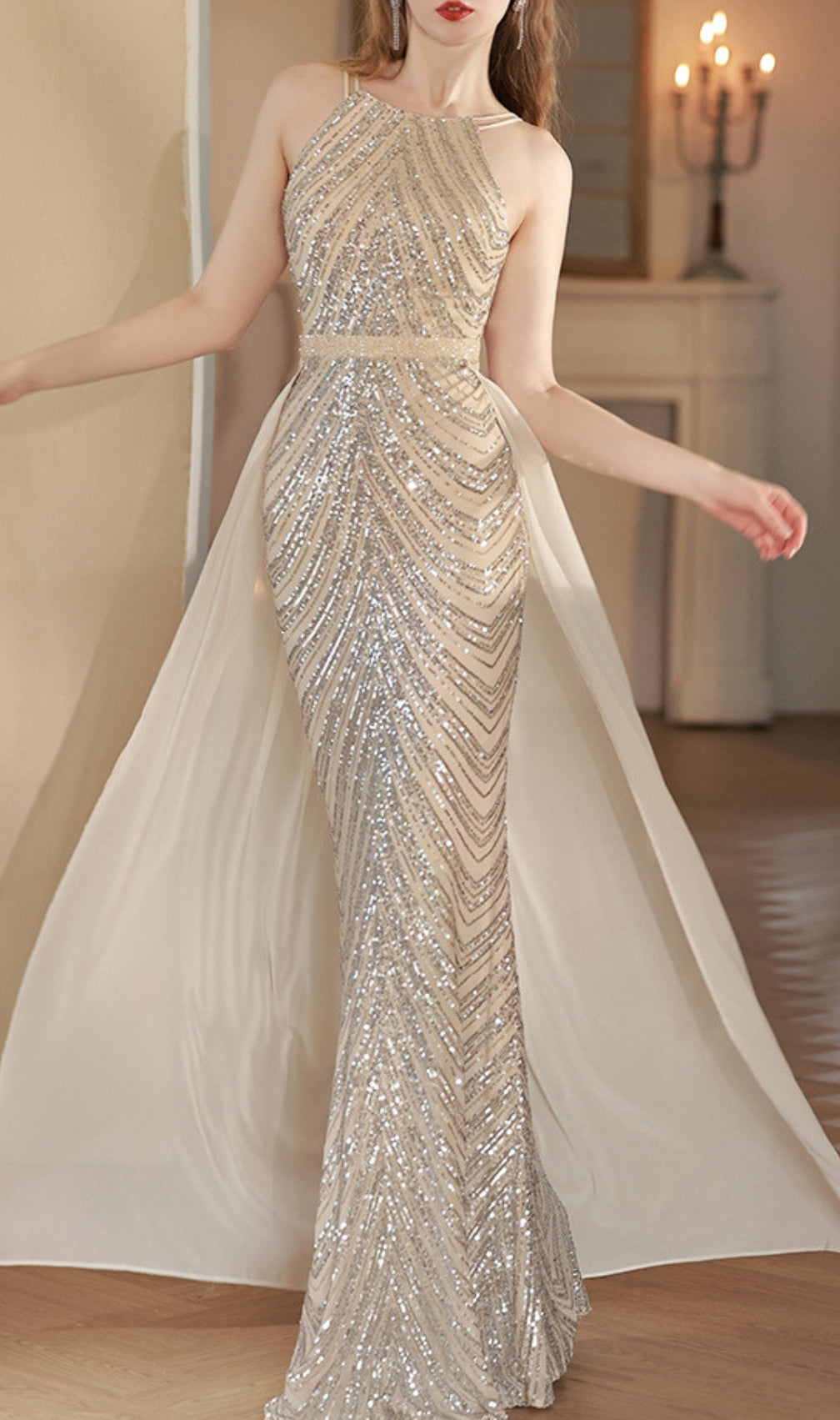 Colombe Champagne Halter Sequin Maxi Dress