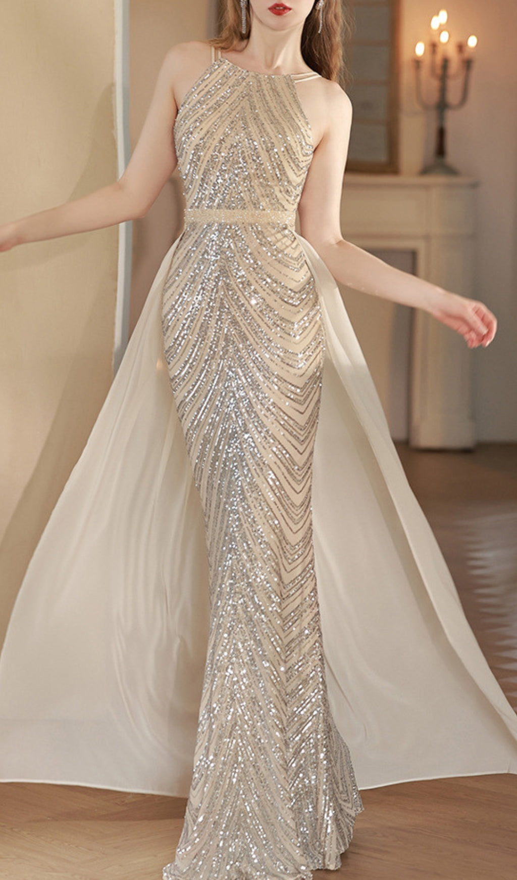 Colombe Champagne Halter Sequin Maxi Dress