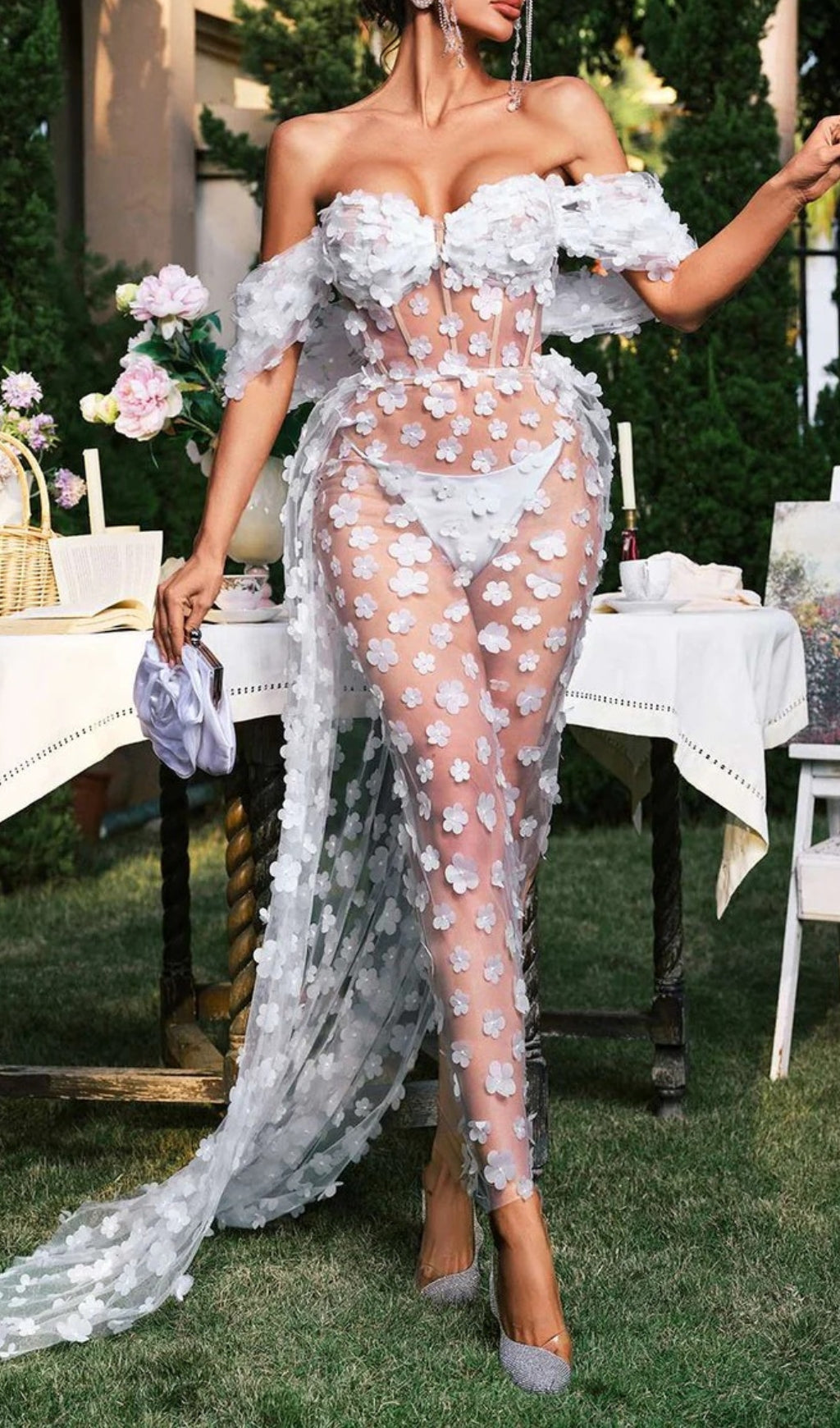 Oksana Flower Corset Maxi Dress In White