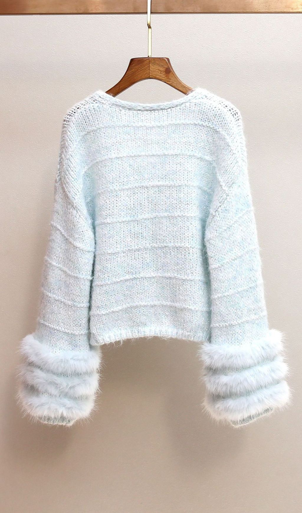 Joanie Luxe Blue Plush Knit Cardigan with Faux Fur Trim for Women