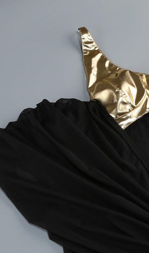 Jailene Glamorous Black & Gold One-Shoulder Chain Maxi Dress