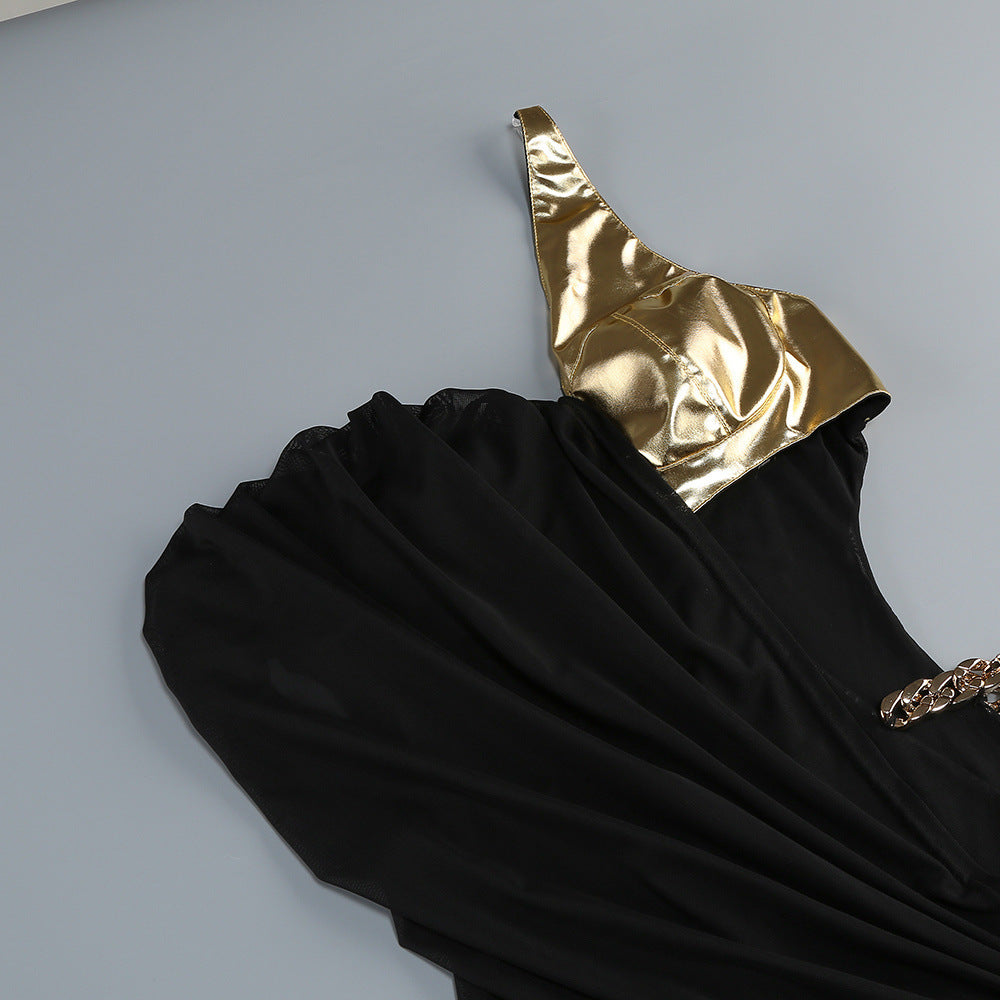 Jailene Glamorous Black & Gold One-Shoulder Chain Maxi Dress