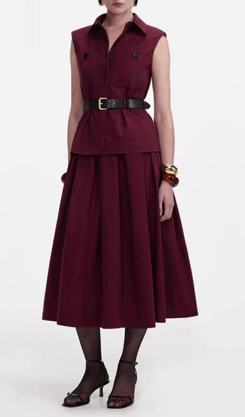 Iliana Elegant Burgundy Sleeveless Belted Skirt Set - Chic 2-Piece Outfit for Women