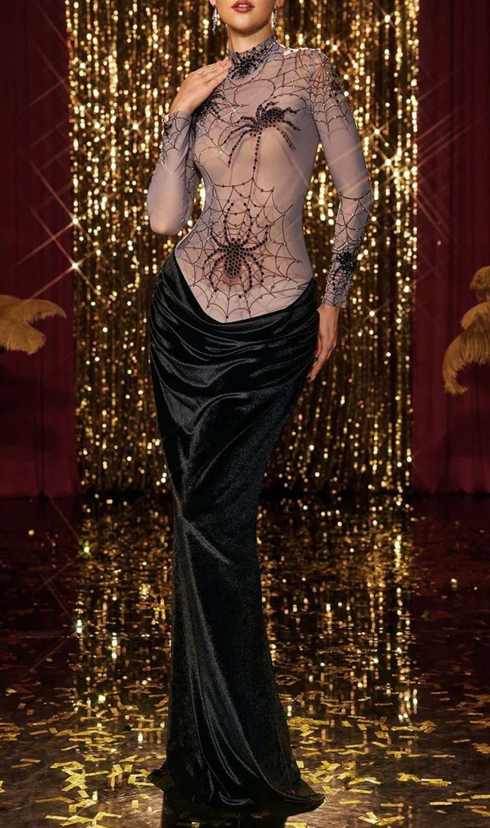 Kjartan Glamorous High Neck Spider Web Velvet Maxi Dress - Statement Evening Gown