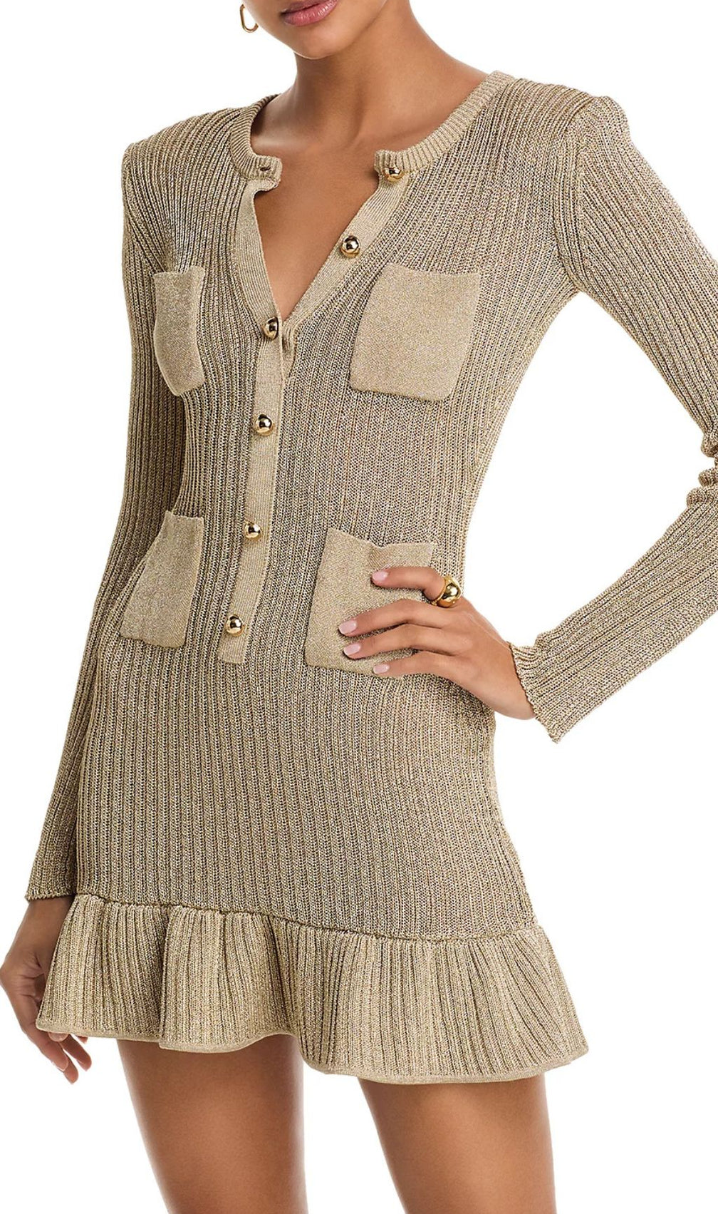 Shimmering Metallic Knit Mini Dress | V-Neck, Pockets & Ruffle Hem