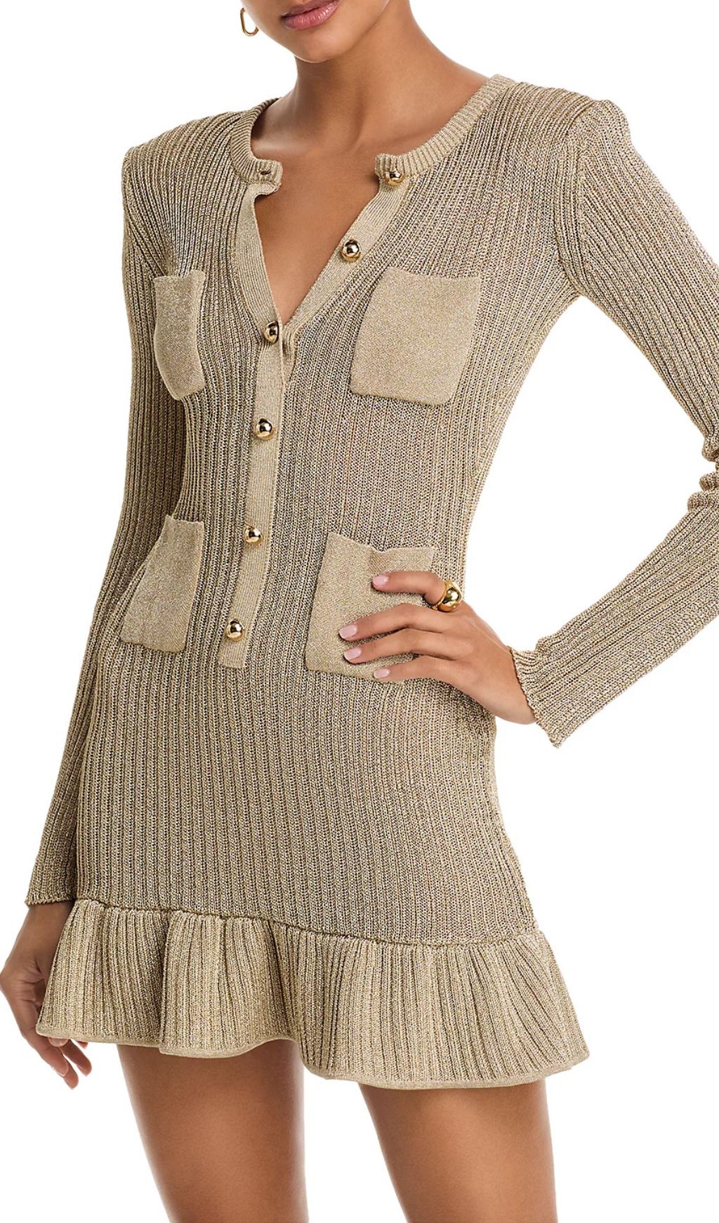 Shimmering Metallic Knit Mini Dress | V-Neck, Pockets & Ruffle Hem