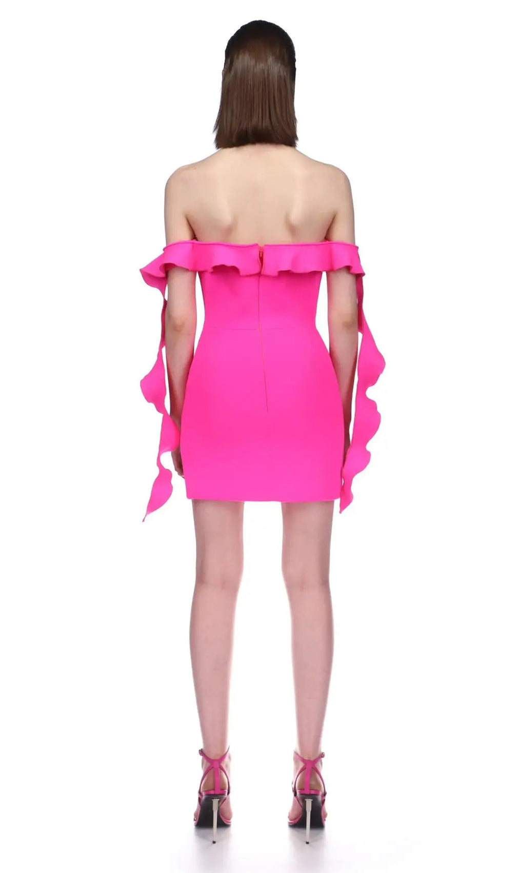 Pink Ruffled Off The-Shoulder Mini Bandage Dress