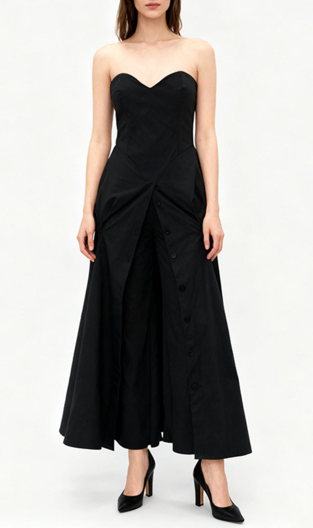 Jakub Black Strapless Button-Front Pant Dress