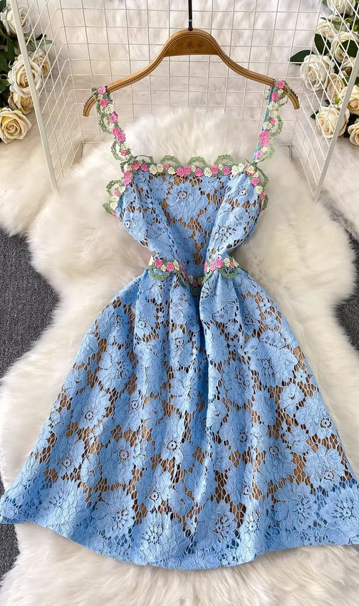 Tavon Flower Embroidered Mini Dress In Blue