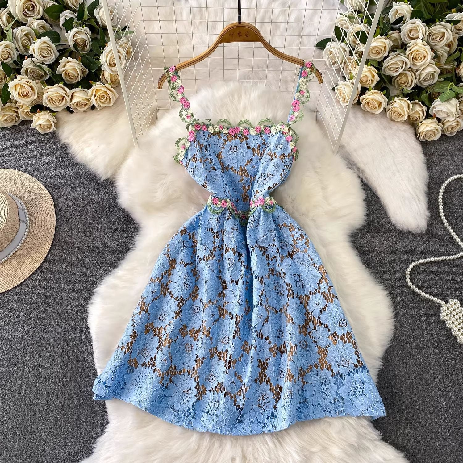 Tavon Flower Embroidered Mini Dress In Blue