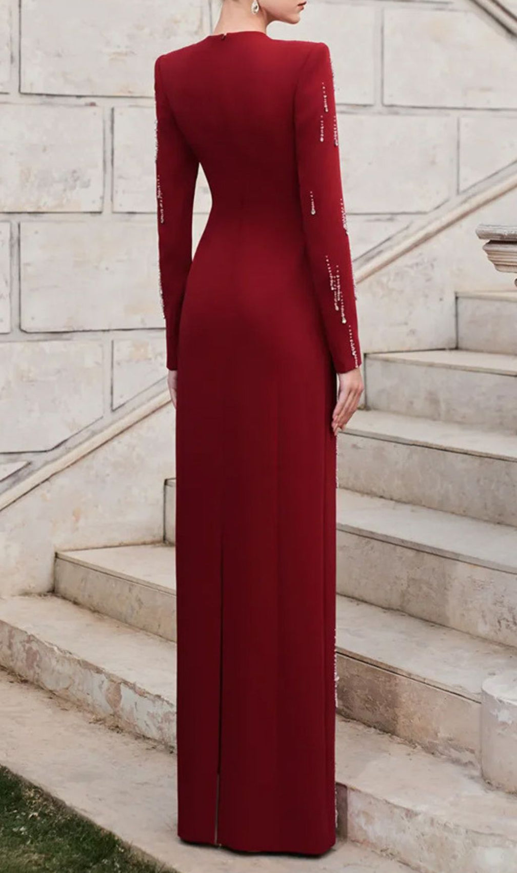 Joyita Red Diamante Long Sleeve Maxi Dress - Red Carpet Glamour