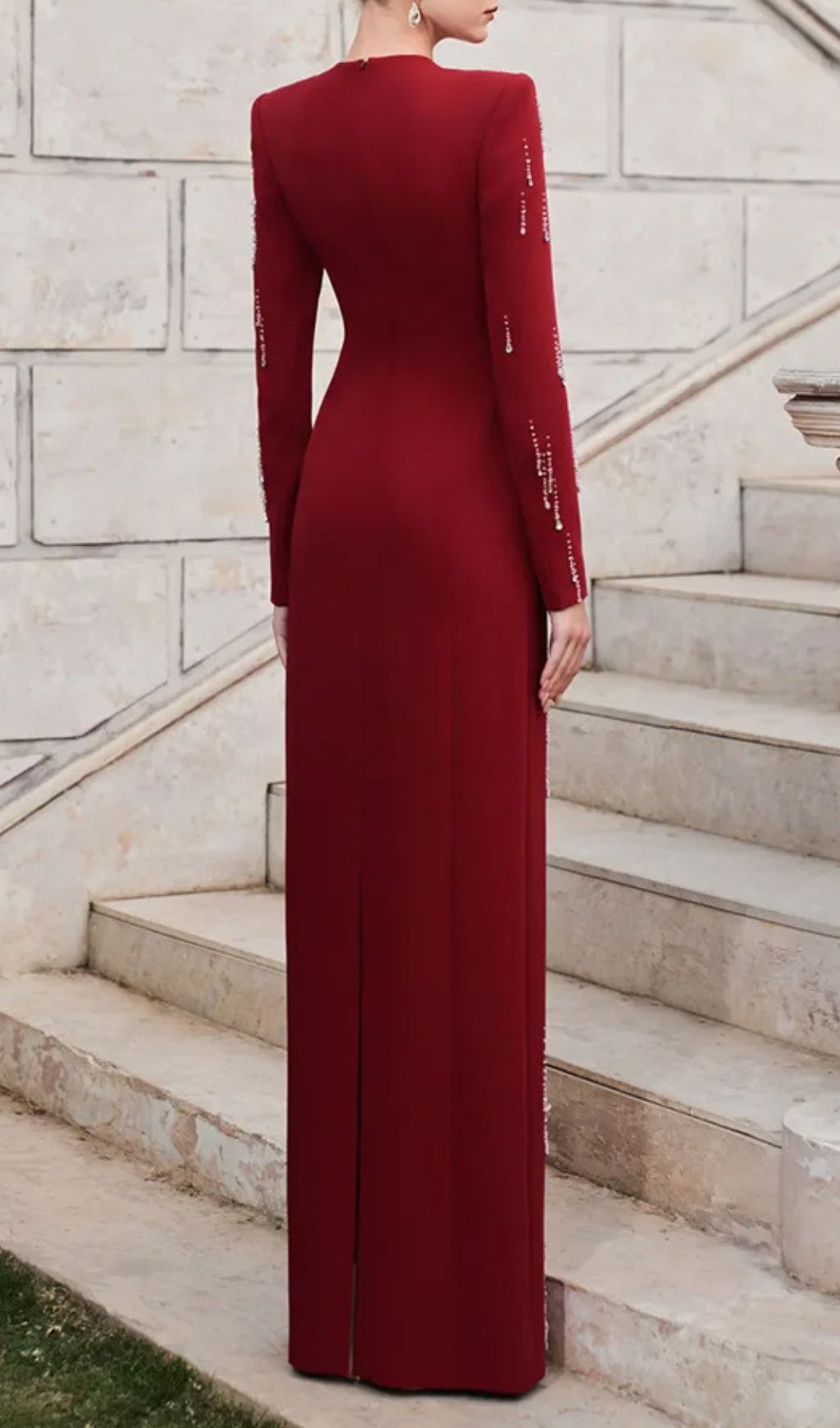 Joyita Red Diamante Long Sleeve Maxi Dress - Red Carpet Glamour