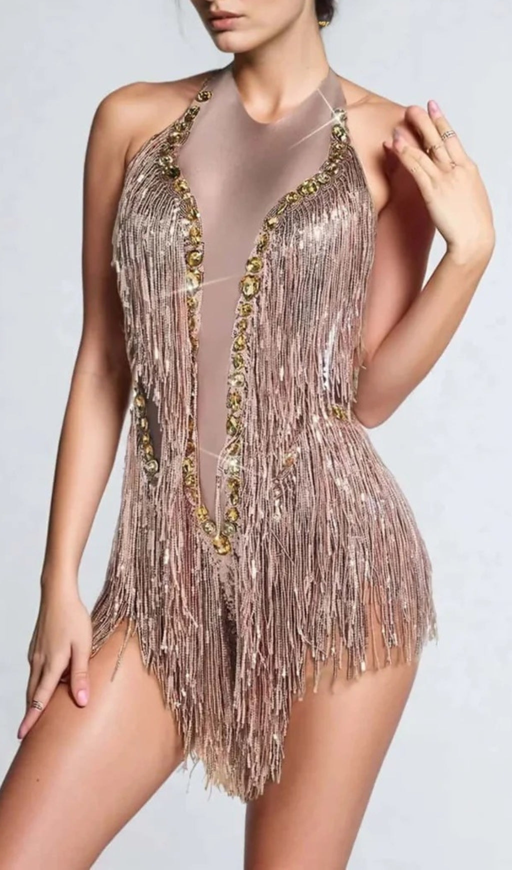 Benicio Halterneck Fringe Sequin Bodysuit