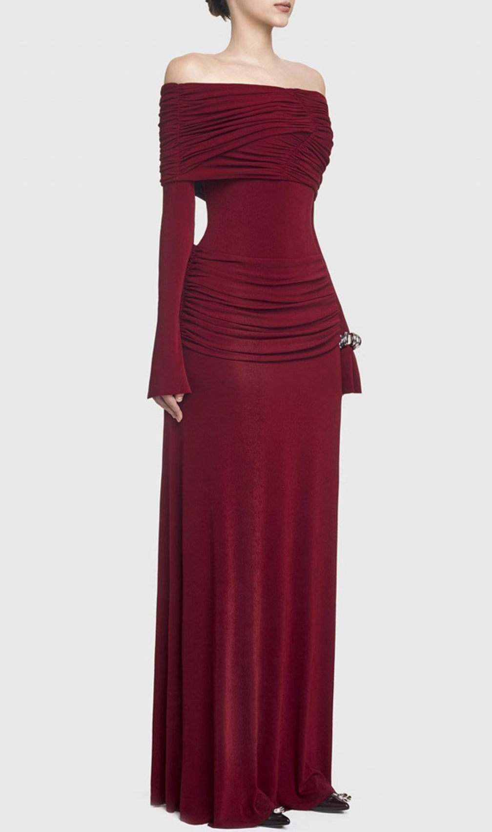 Gala Wine Off-Shoulder Ruched Long Sleeve Maxi Dress
