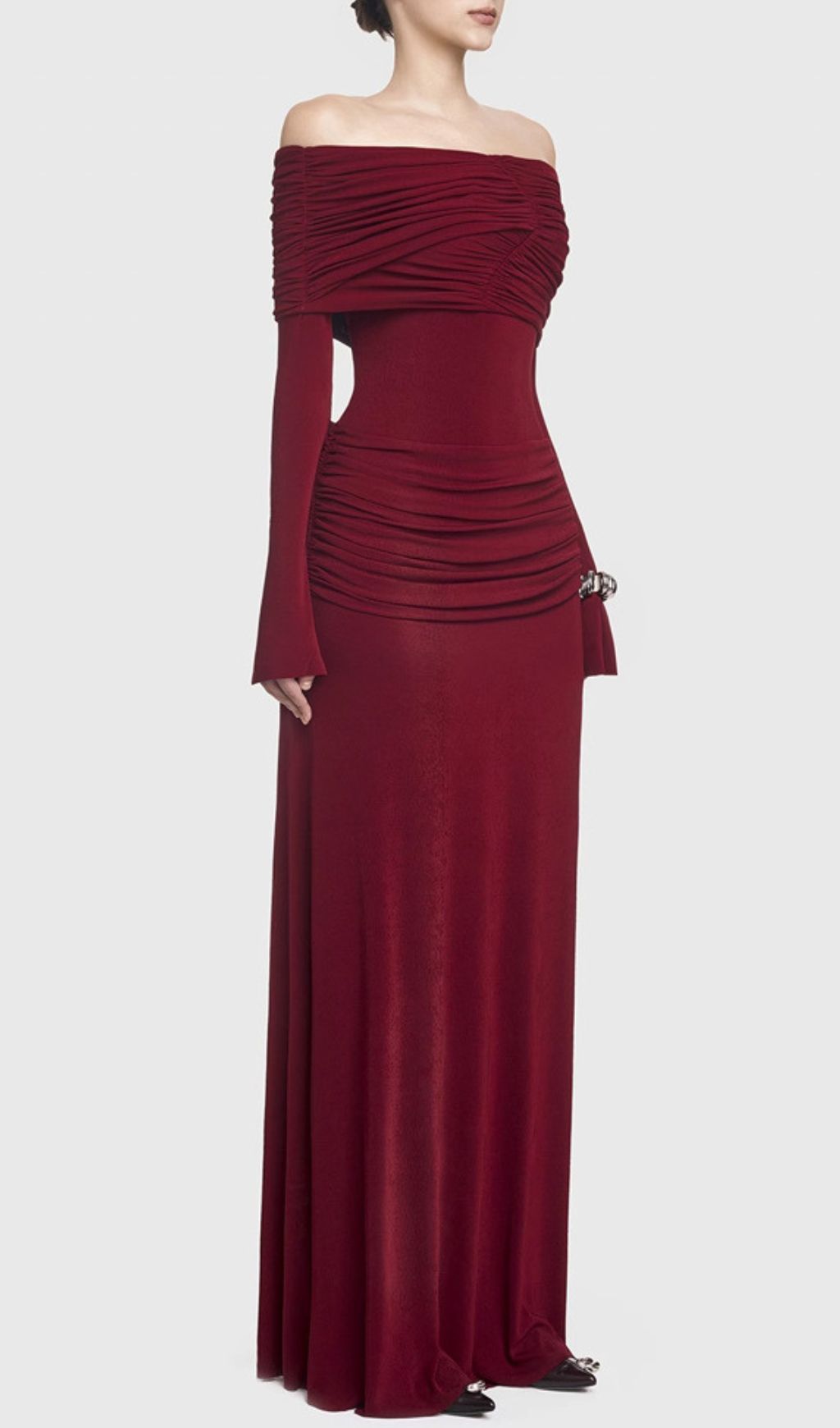 Gala Wine Off-Shoulder Ruched Long Sleeve Maxi Dress