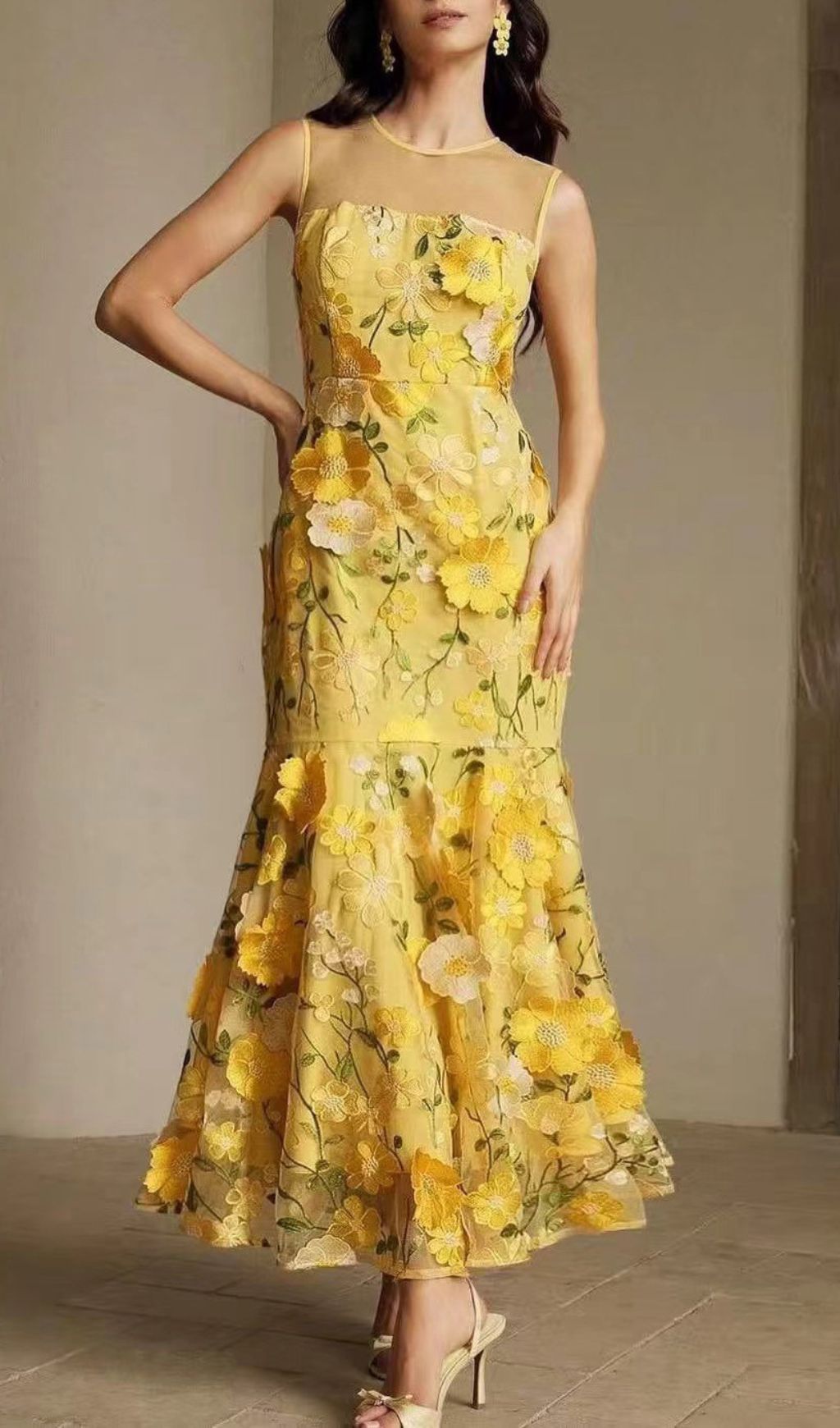 Hiraku Enchanted Yellow 3D Floral Embroidery Maxi Dress - Romantic Wedding Guest & Special Occasion Gown