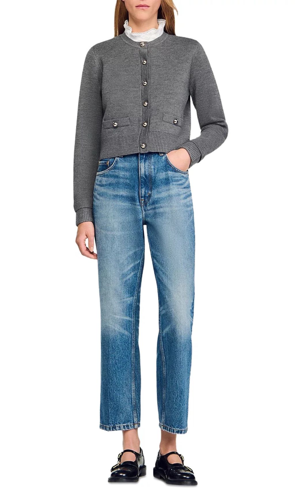 Women's Chic Fine Knit Button-Front Cardigan with Piped Pockets