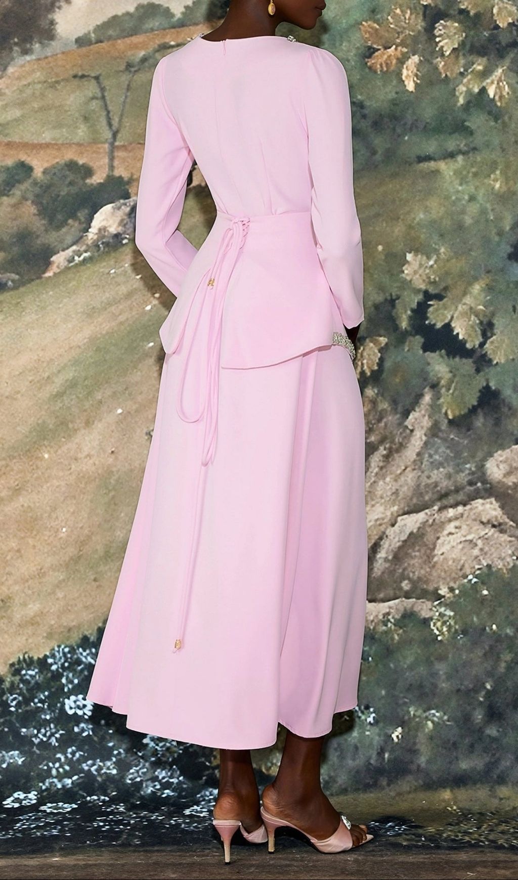 Damla Crystal & Rhinestone Embellished Pink Midi Dress - Elegant Three-Quarter Sleeve Gown