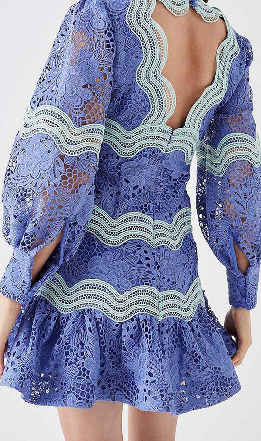 Lace Sleeve Trim Detail Mini Dress In Blue