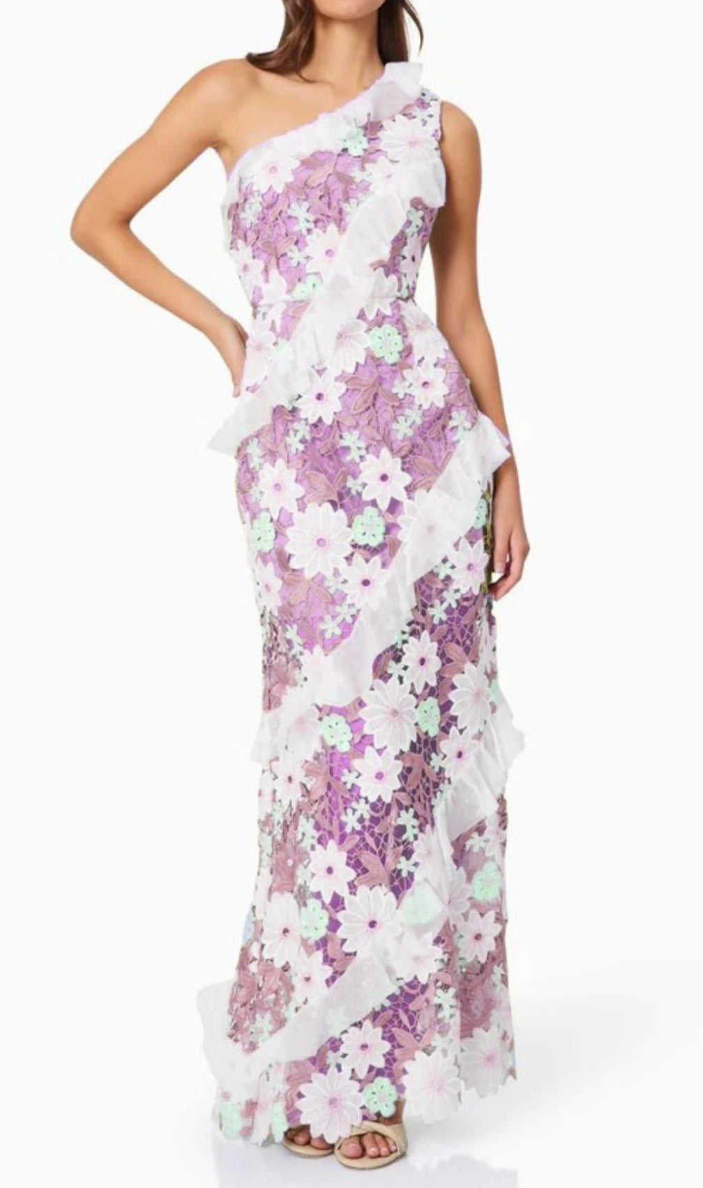 Caden Purple Flower Embroidery One-Shoulder Maxi Dress