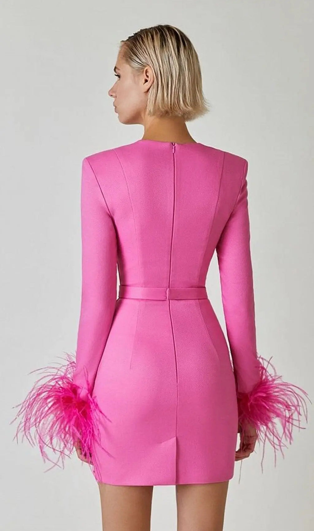 Stretch Long Sleeves Mini Dress In Hyper Pink