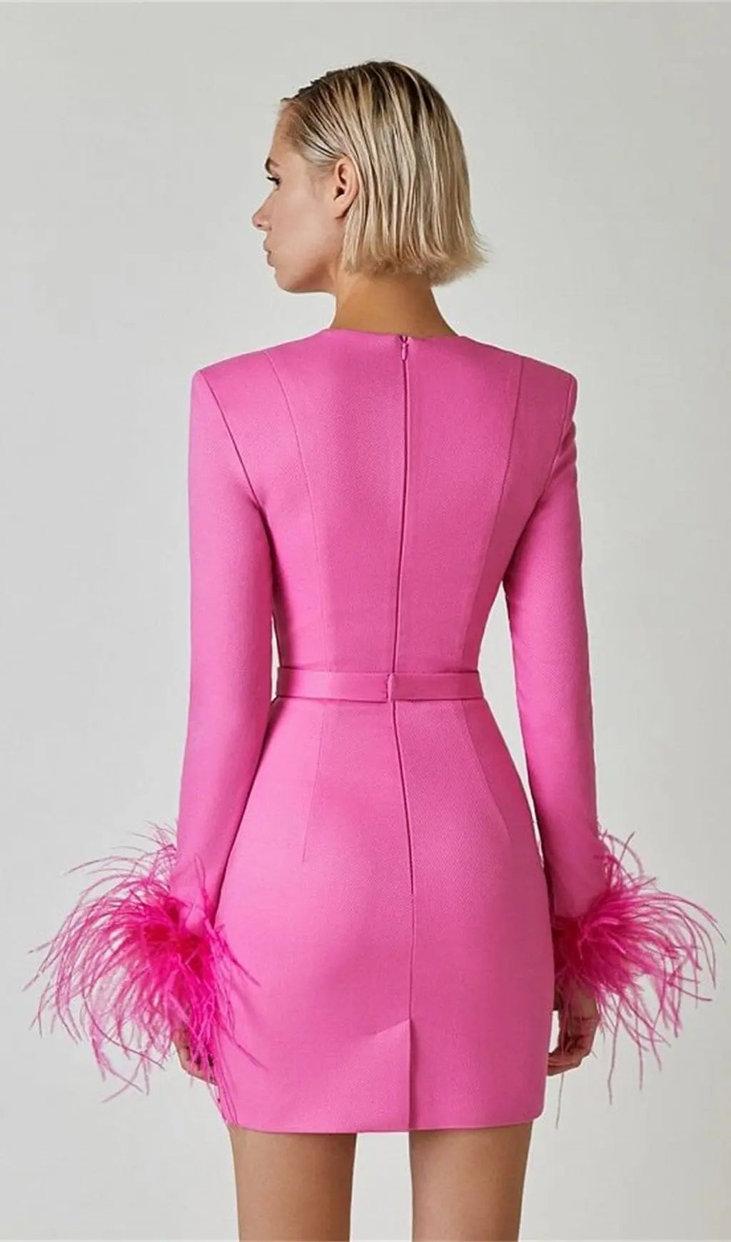 Stretch Long Sleeves Mini Dress In Hyper Pink