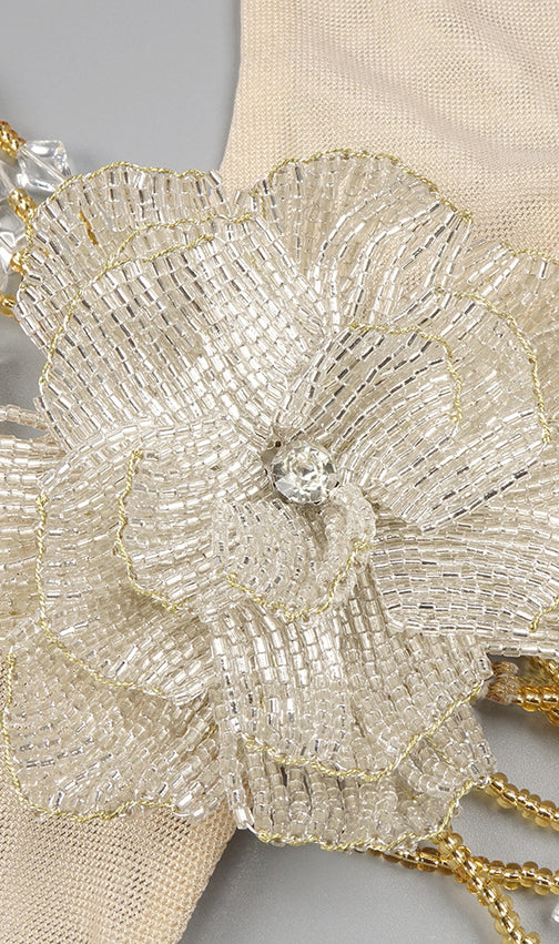 Julianna Gold Glamour: Halter Cutout Maxi Dress with Floral Embellishment