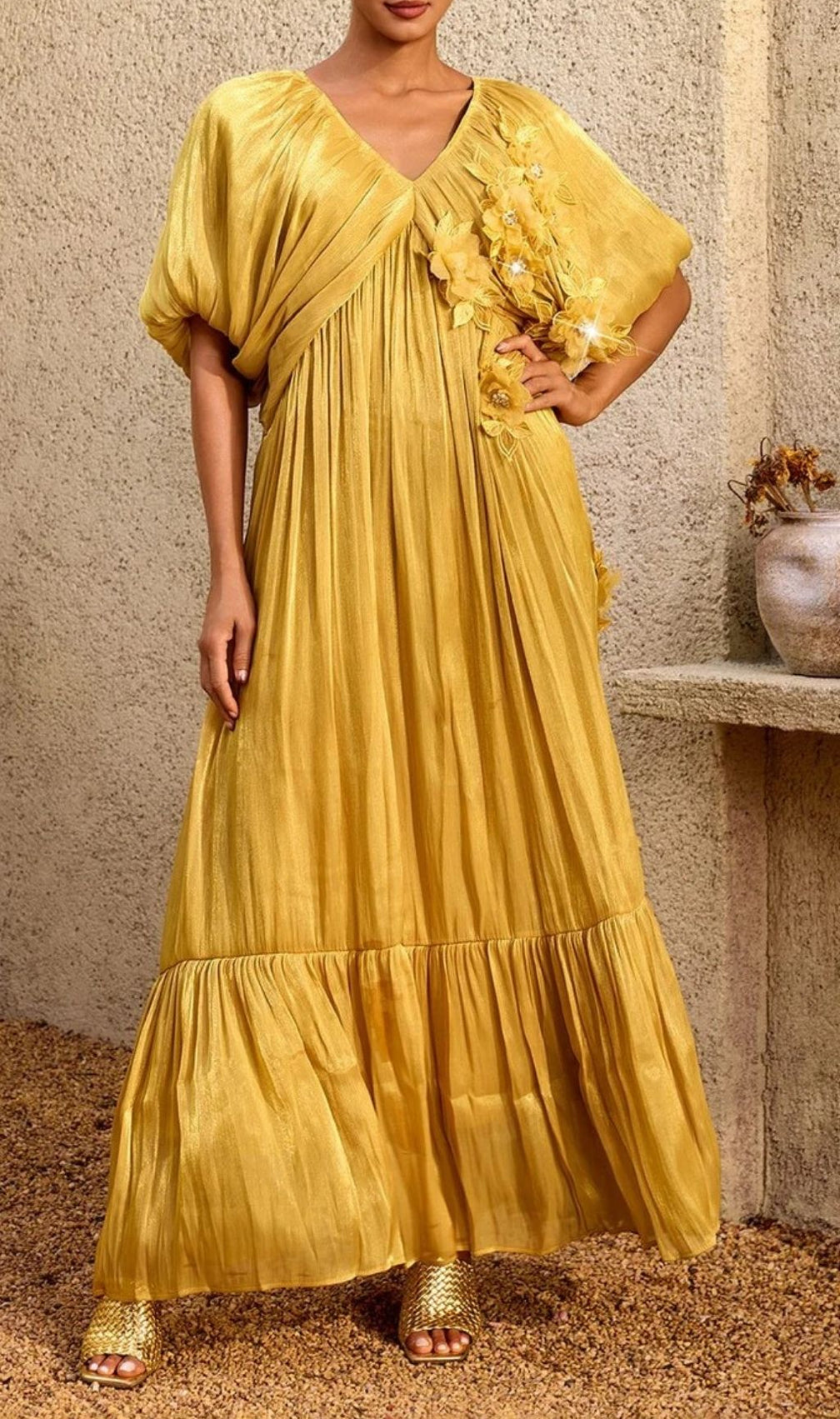 Corthiel Puff Sleeve Flower Ruched Maxi Dress