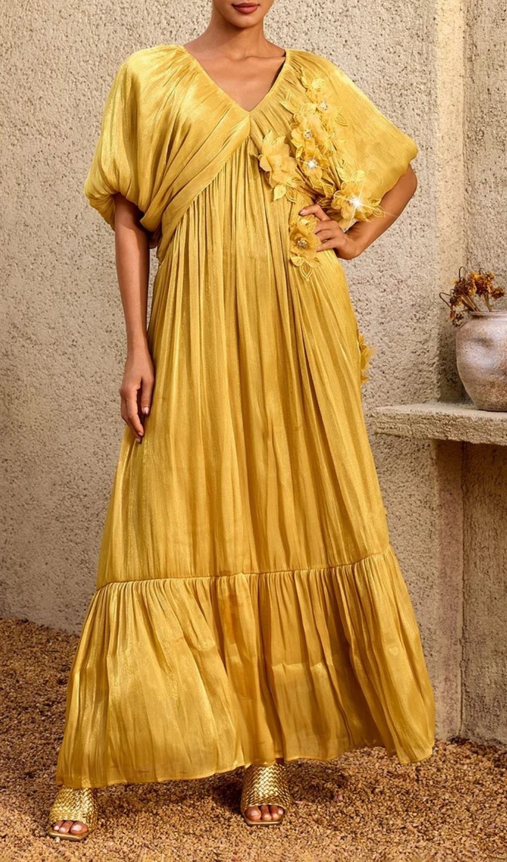 Corthiel Puff Sleeve Flower Ruched Maxi Dress
