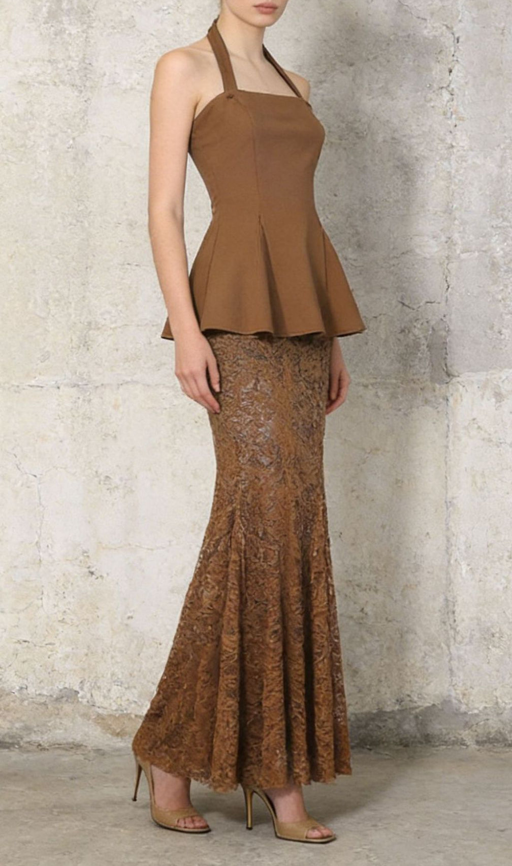 Janiah Elegant Halter Peplum Top & Bronze Lace Maxi Skirt Set