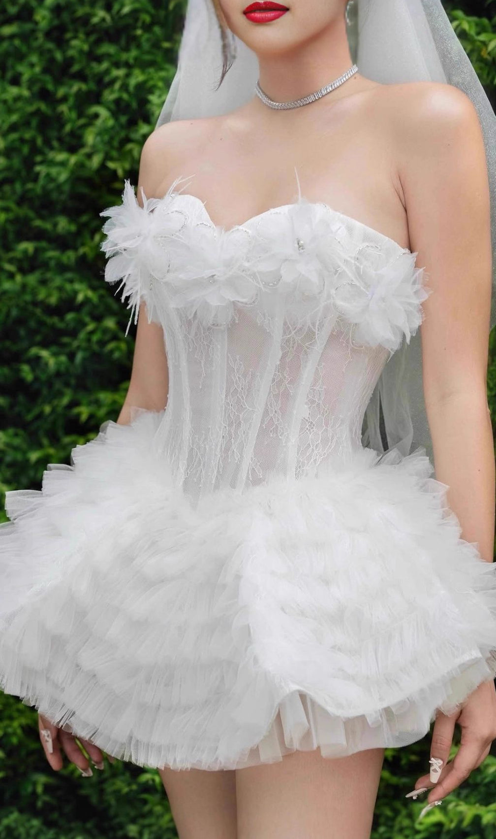 Joan White Strapless Floral Corset Mini Dress | Ruffle Tulle Party Dress