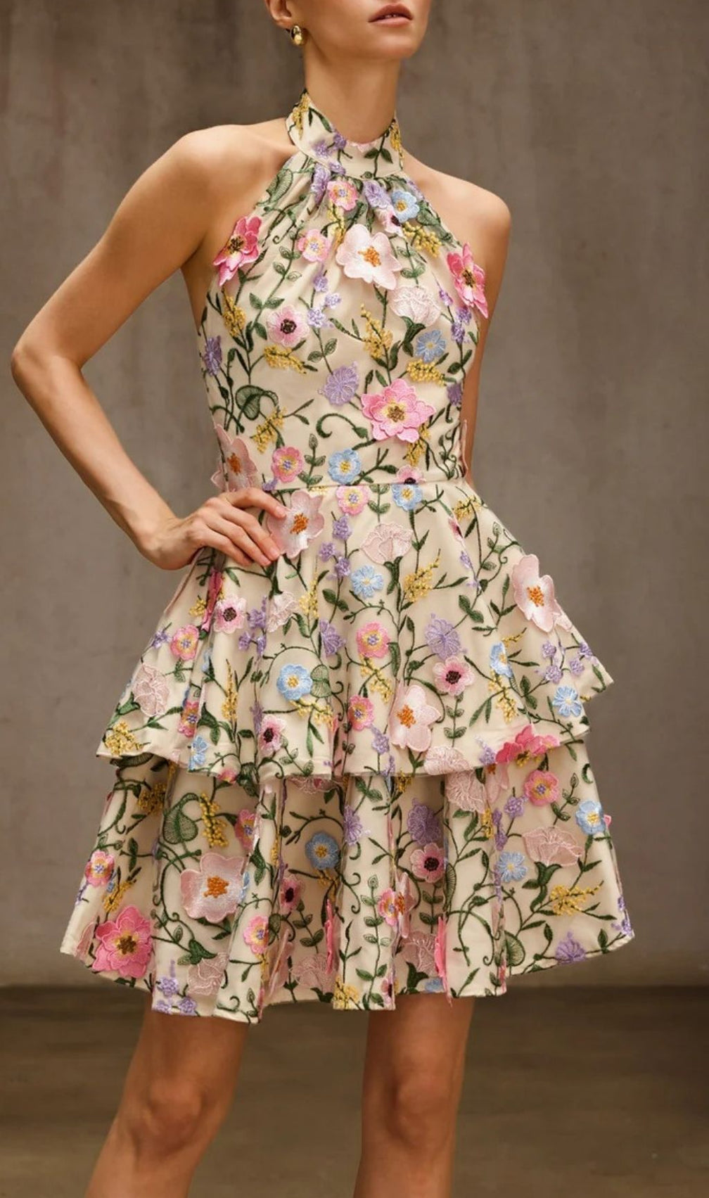 Dyllis Halterneck Floral Embroidered Mini Dress - Elegant Tiered Cocktail & Party Style
