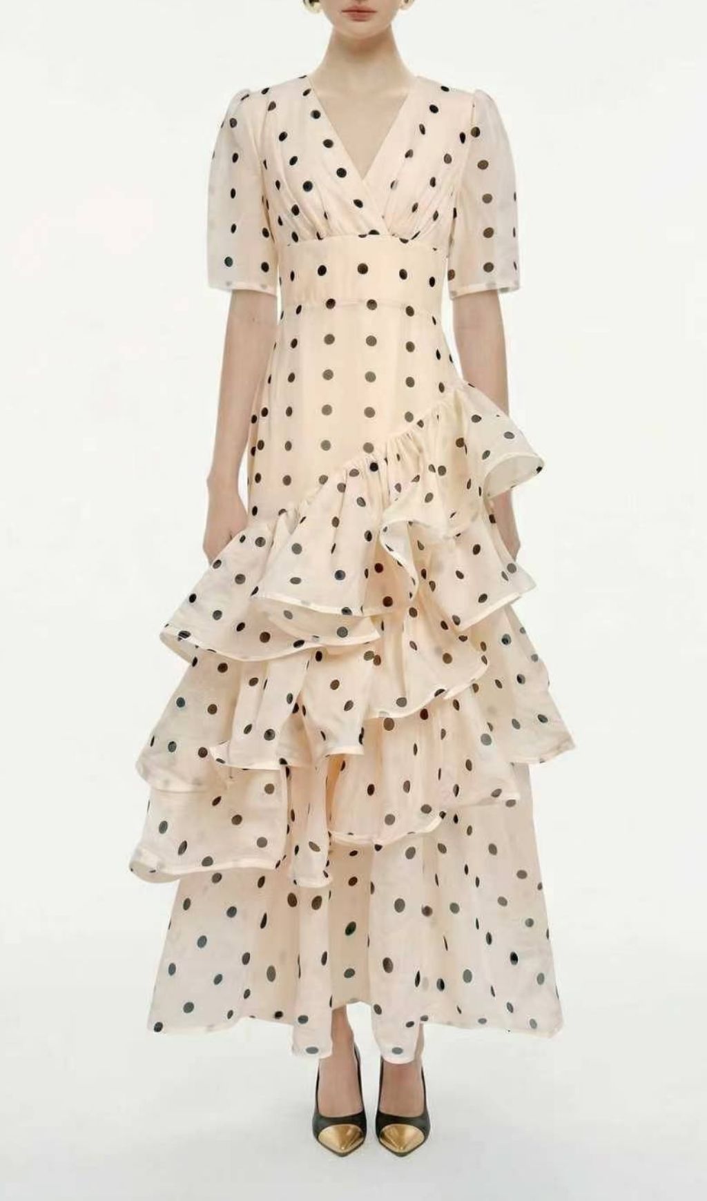 Kelsi Apricot Polka Dot Ruffled Maxi Dress - Elegant Tiered Gown