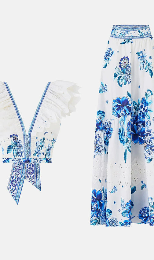 Haru Blue Floral Maxi Skirt & Ruffle Top Set | Chic Resort Wear for Women