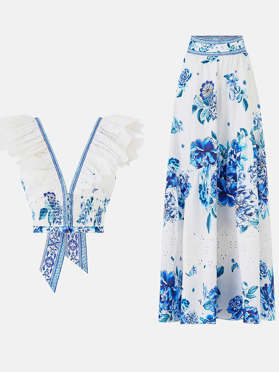 Haru Blue Floral Maxi Skirt & Ruffle Top Set | Chic Resort Wear for Women