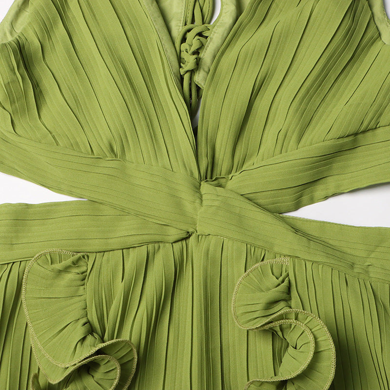 Beulah Green Deep V-Neck Ruffle Slit Maxi Dress