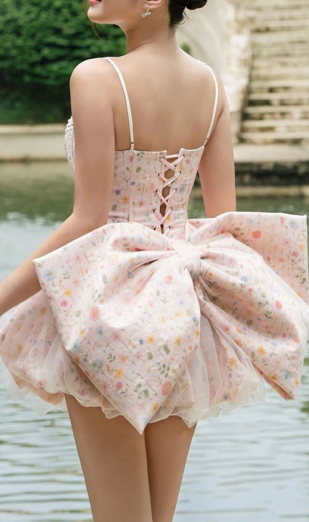 Jaylene Whimsical Floral Corset Mini Dress with Bow Back Detail