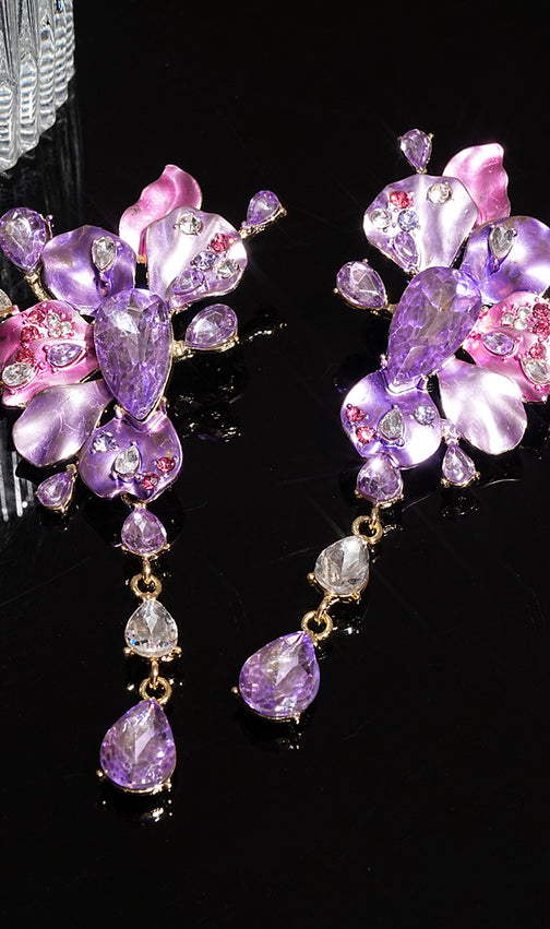 Luxe Lavender & Blush Crystal Floral Statement Drop Earrings