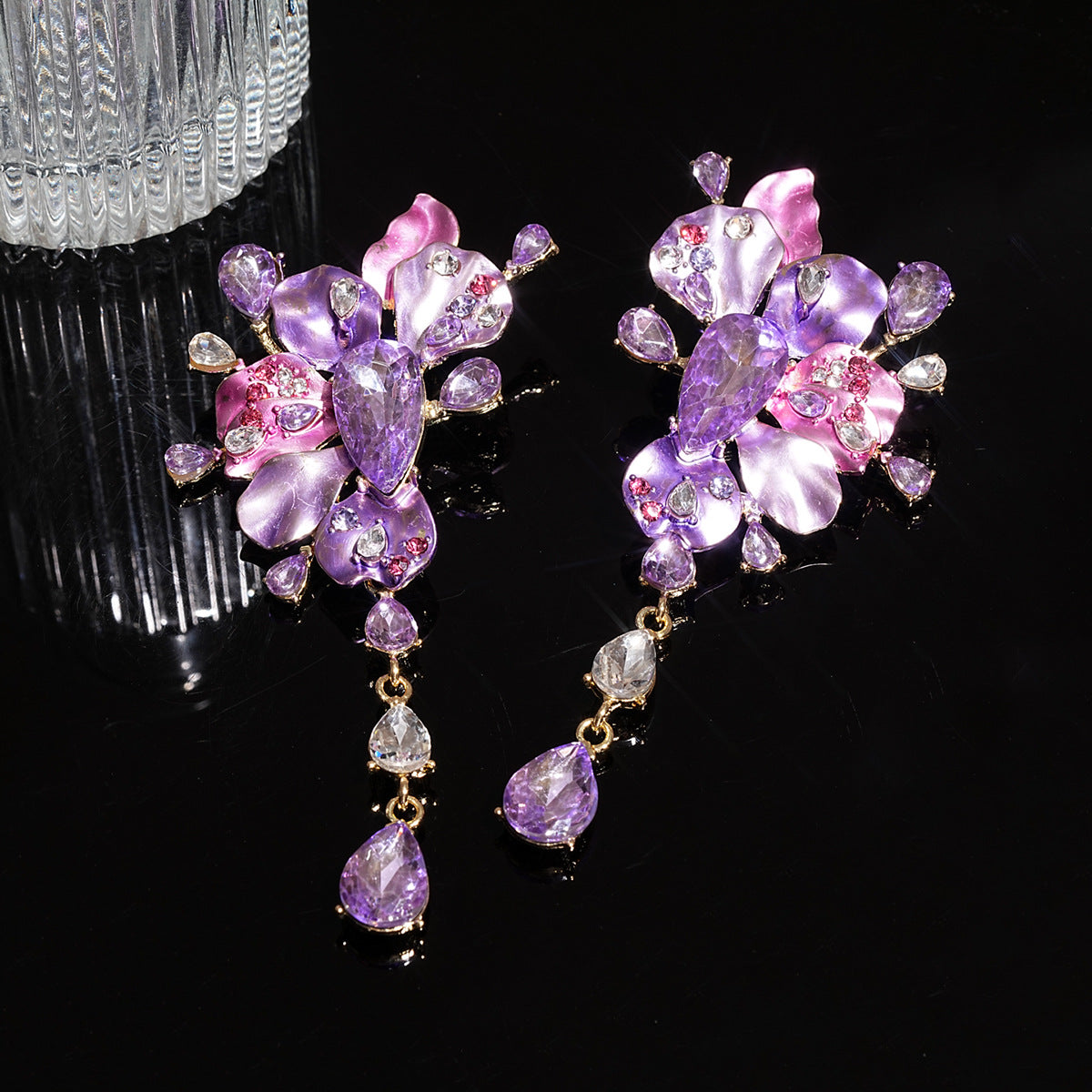 Luxe Lavender & Blush Crystal Floral Statement Drop Earrings