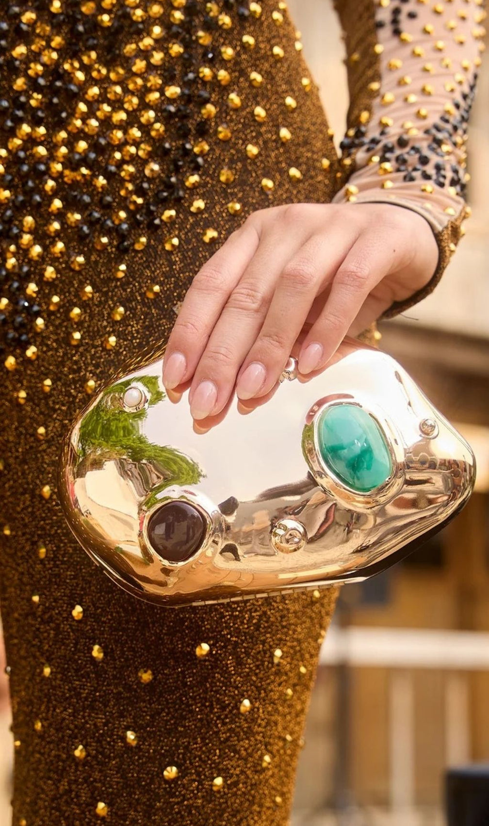 Bavelyn Dazzling Gemstone Clutch | Metallic Gold Statement Bag