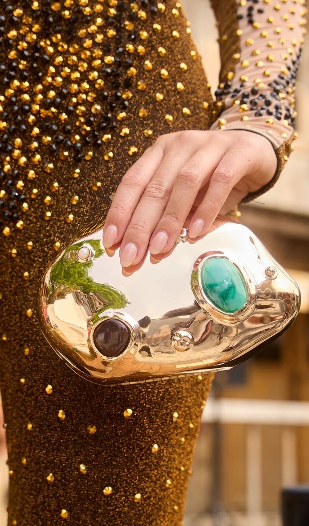 Bavelyn Dazzling Gemstone Clutch | Metallic Gold Statement Bag