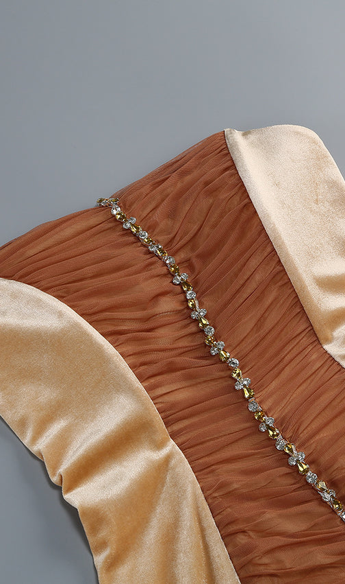 Kazuhito Glamour: Strapless Velvet Feather Mini Dress with Dazzling Diamante & Ruched Detail