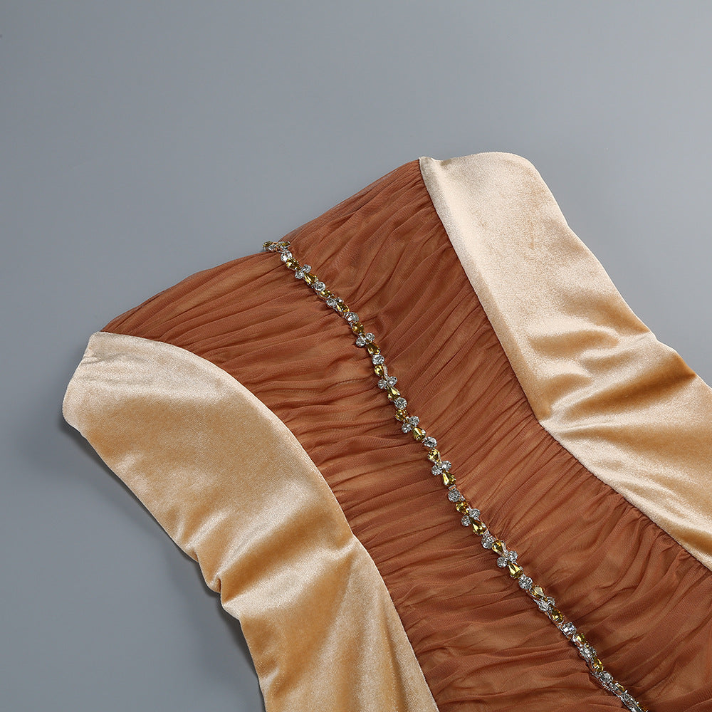 Kazuhito Glamour: Strapless Velvet Feather Mini Dress with Dazzling Diamante & Ruched Detail