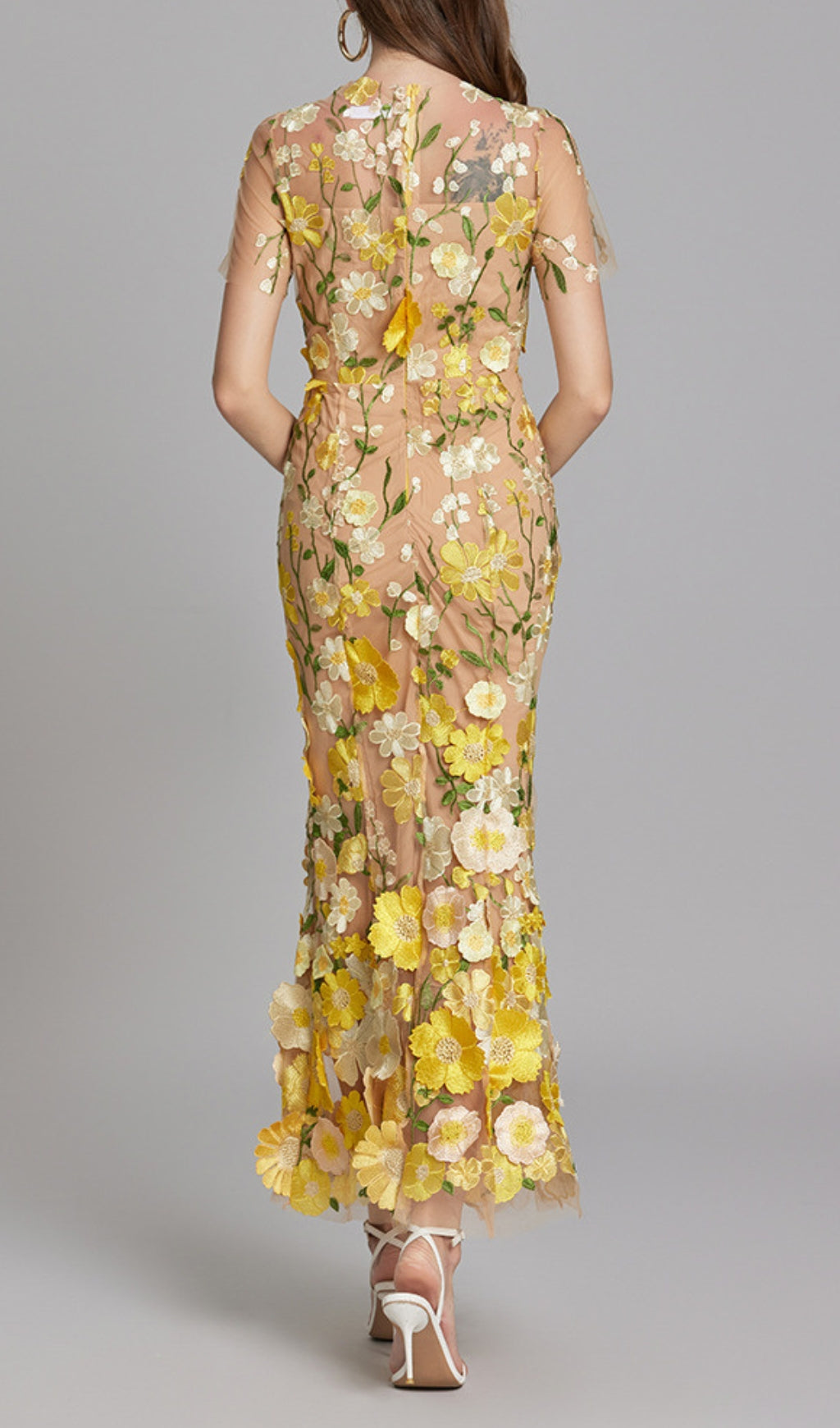 Carol Yellow Floral Embroidery Mesh Fishtail Midi Dress