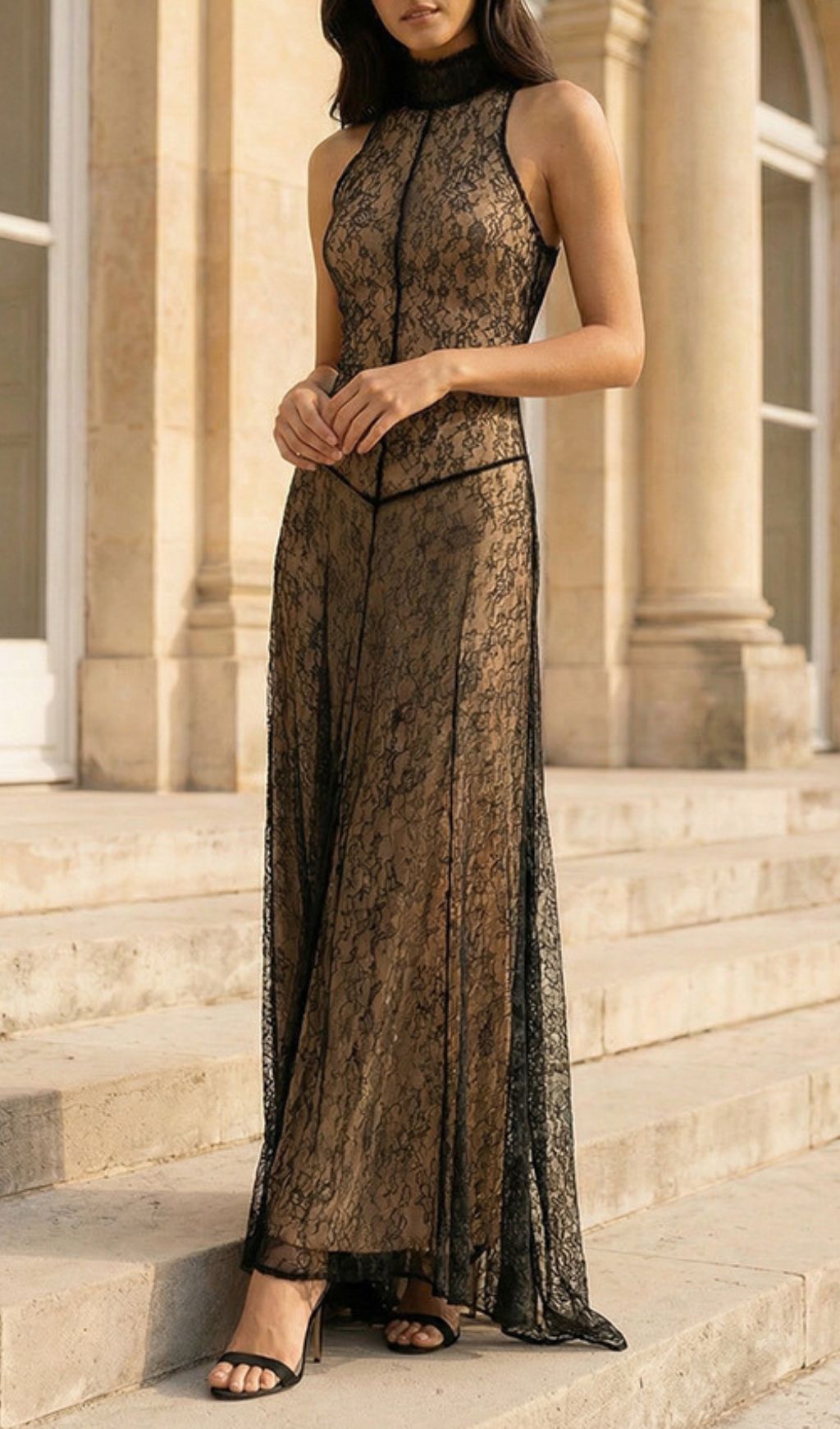 Jagna Black Lace Mock Neck Maxi Gown - Elegant Formal Evening Dress