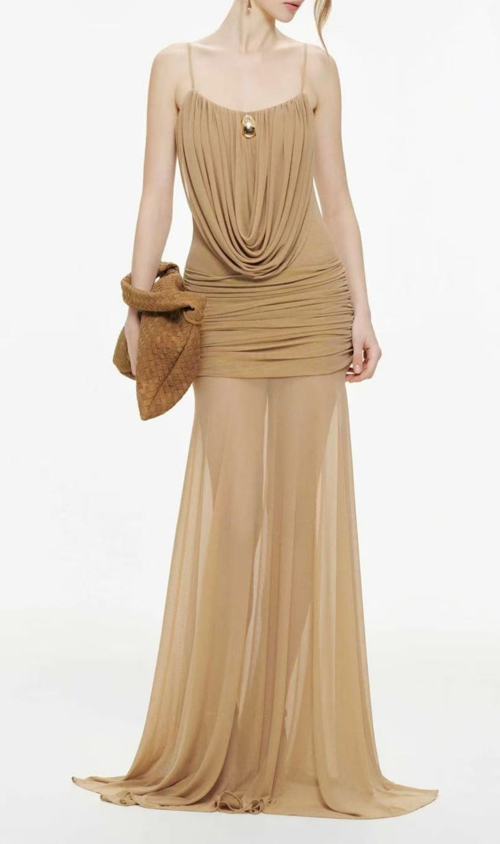 Lapis Khaki Strappy Draped Maxi Dress