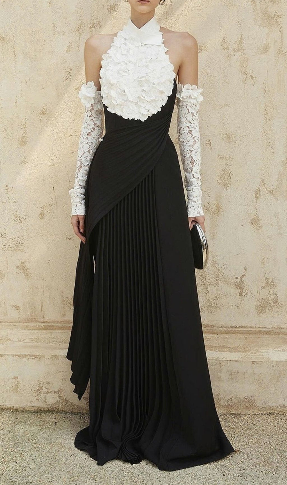 Kavi Elegant Black & White Halter Ruffle Pleated Maxi Dress