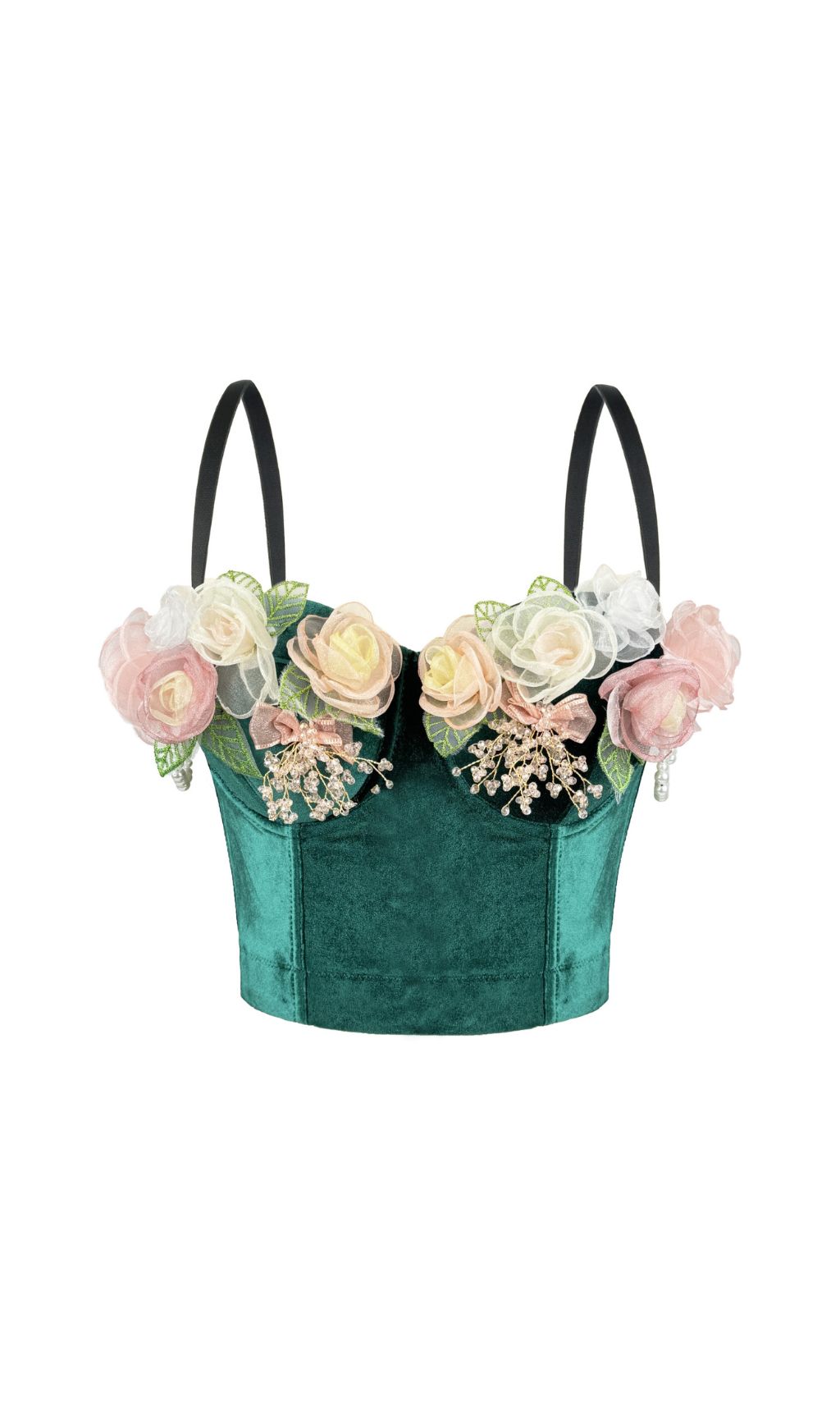 Jaina Emerald Velvet 3D Floral Embellished Crop Top